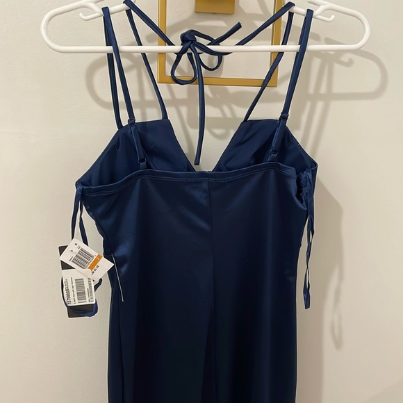 NWT Navy satin halter strappy midi or knee dress XS junior 3 v cut pads empire - Picture 4 of 10